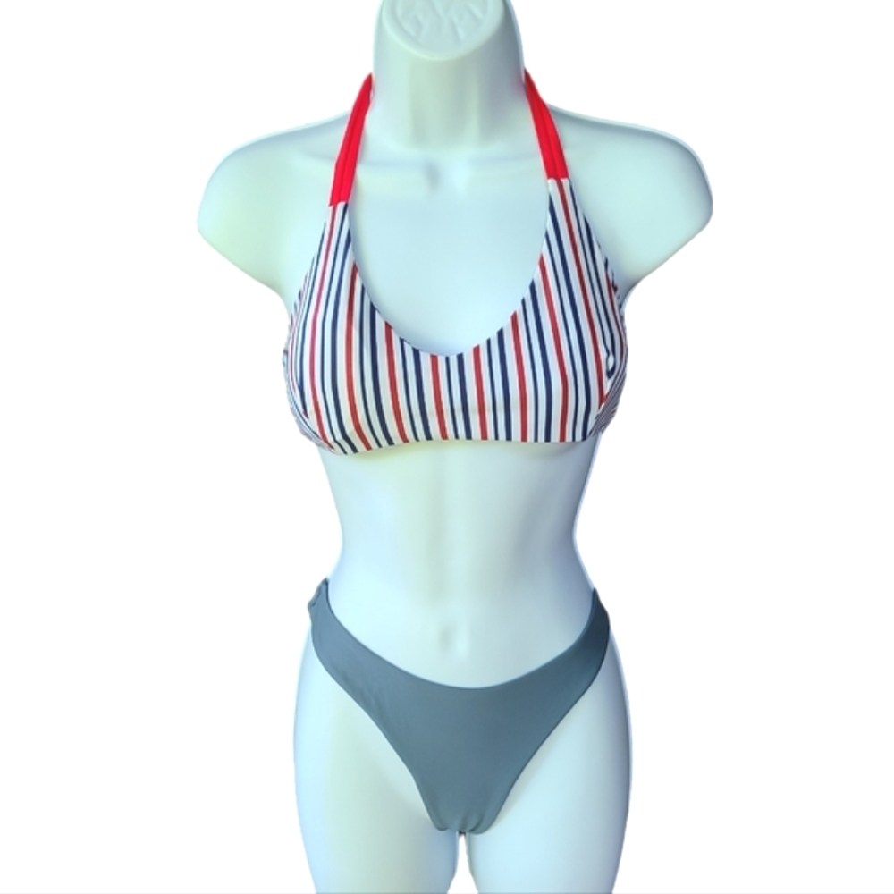 Zaful Sporty Halter Striped High Cut Bikini Size S